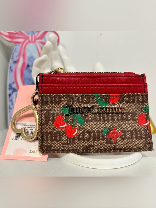 Juicy Couture Handbags - NWT! Juicy Couture Brown Monogram Cherry Card Case with Red Trim